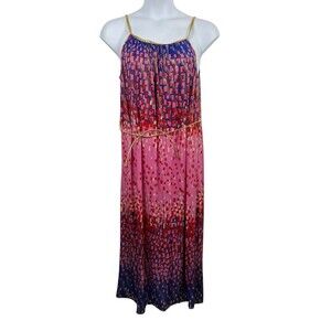Seven Island Blue Pink Gold Sleeveless Tie Waist Stretch Summer Dress L NWT